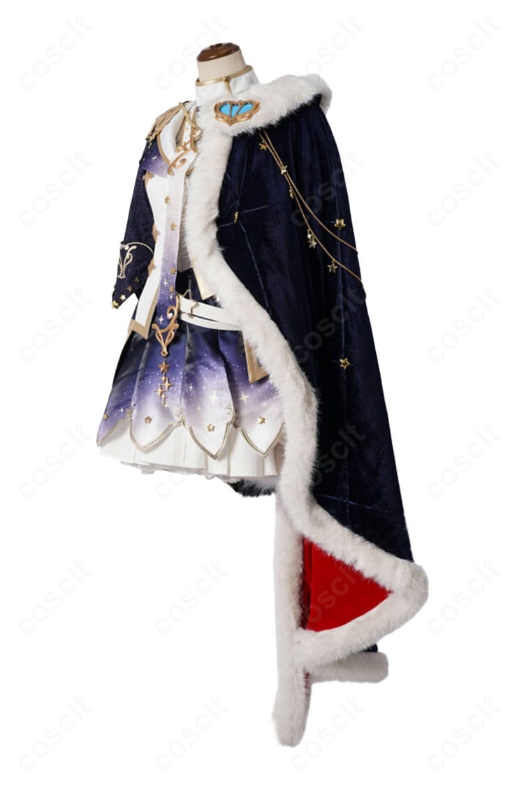 白上フブキ キング衣装の側面。マントのドレープとスカートのライン、腰回りのベルト位置を確認できるカット。