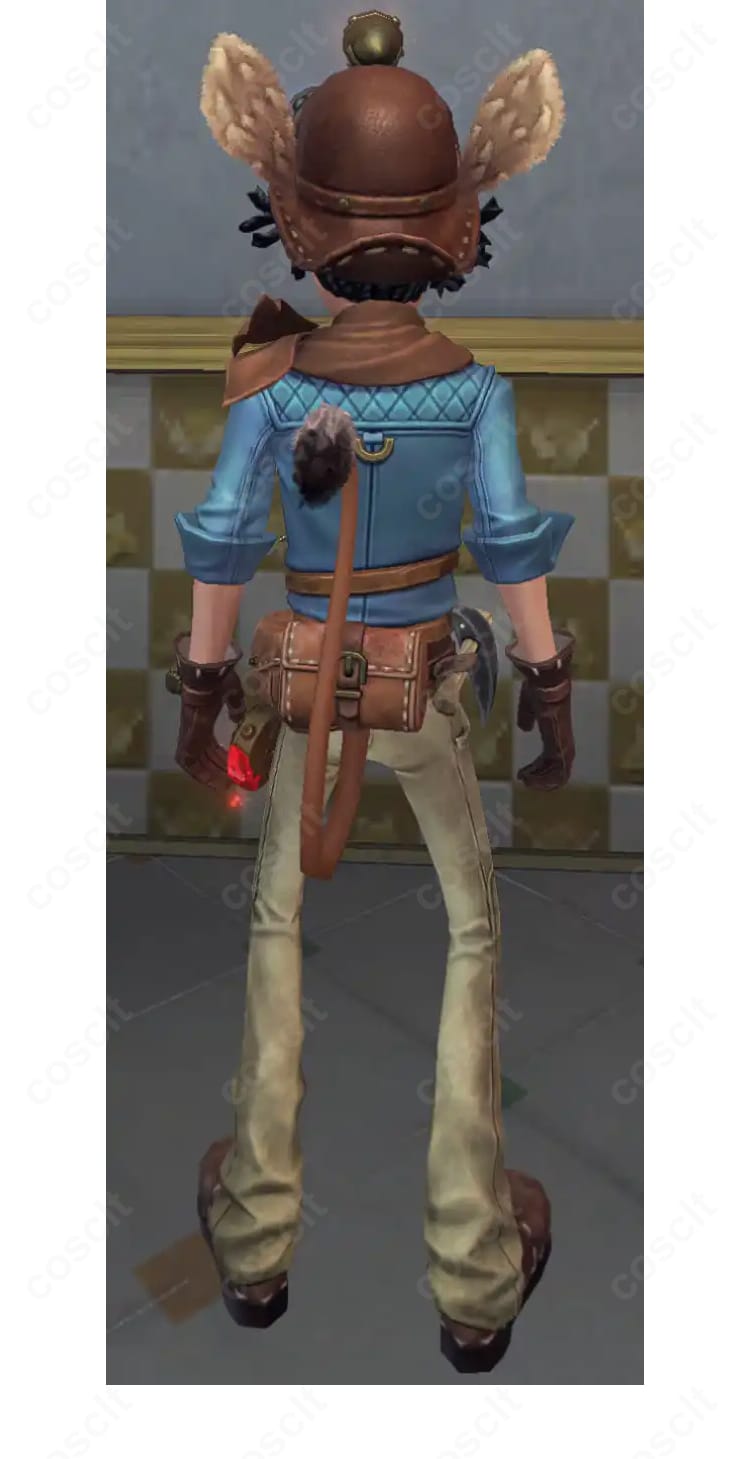 第五人格 探鉱者 ノートン・キャンベル 両面盗賊コスプレ衣装の背面。背中のカッティングとストラップ配置が見える仕上がりで、サイズオーダー対応。