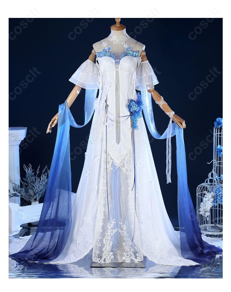 無期迷途 ハーメル「さざ波の傍に」コスプレ衣装の正面全身。ウエスト装飾とドレスラインのシルエットが分かる。