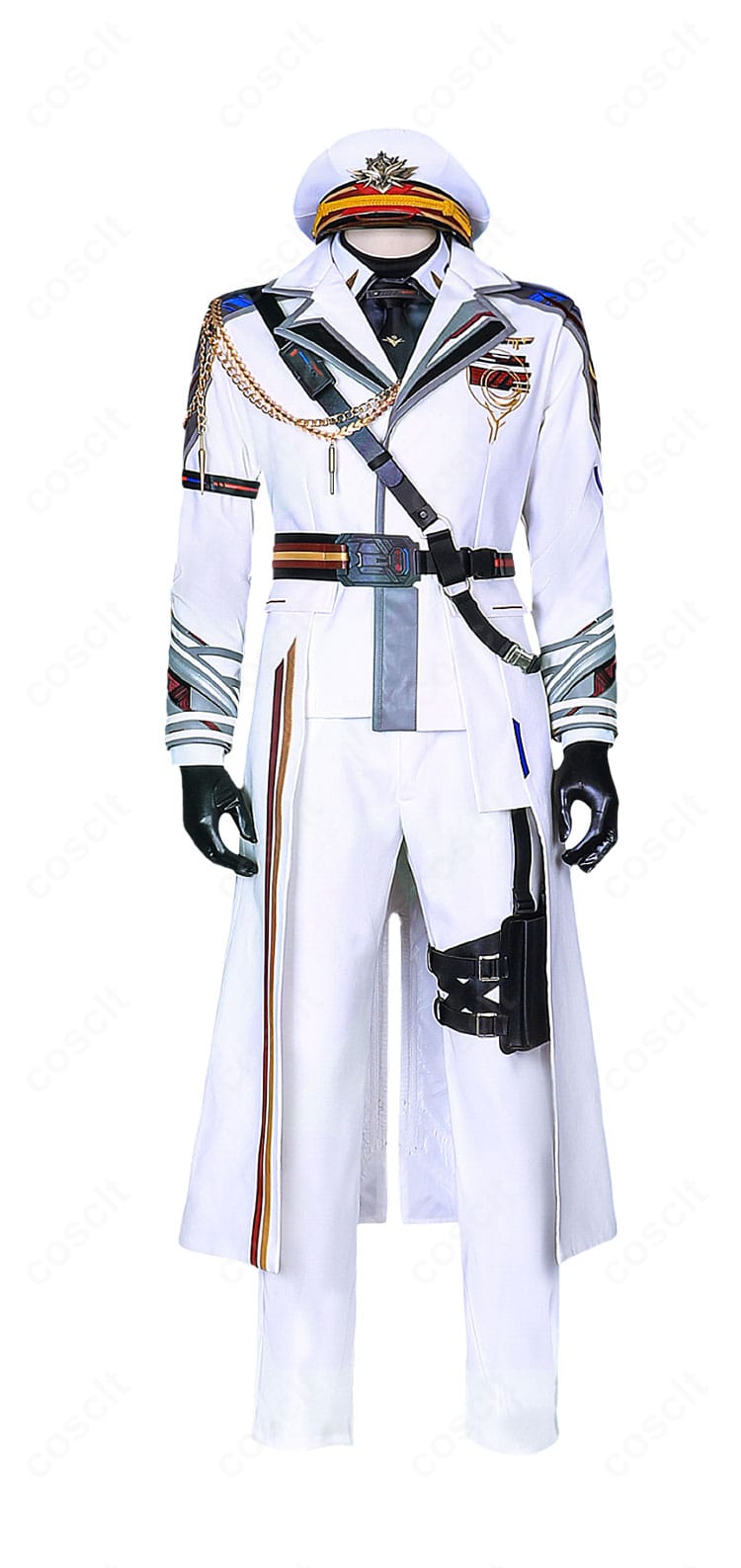 恋と深空 マヒル 白軍服 コスプレ衣装の正面フルセット画像。ハリのある端正なシルエットと全体バランスを確認可能。