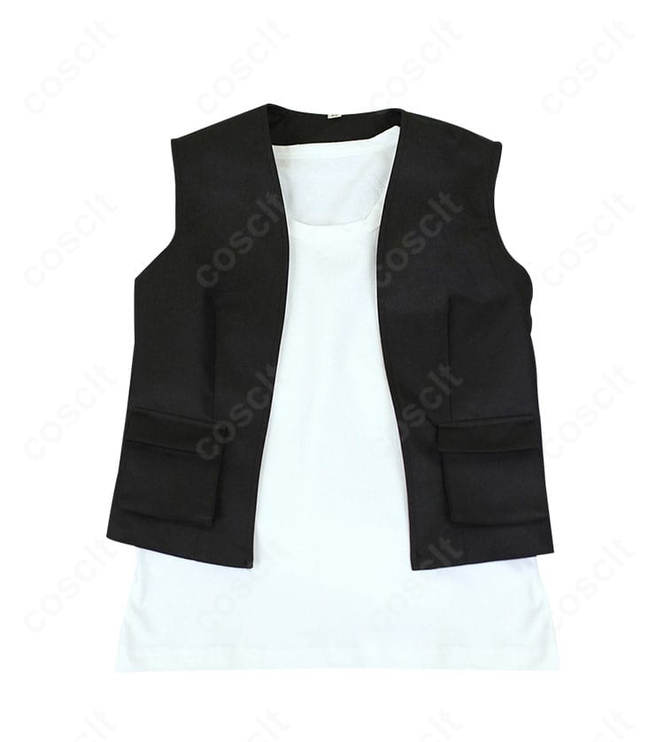 トウコ衣装トップスとベストの装飾ディテール。刺繍や縫製ラインが見えるクローズアップ。