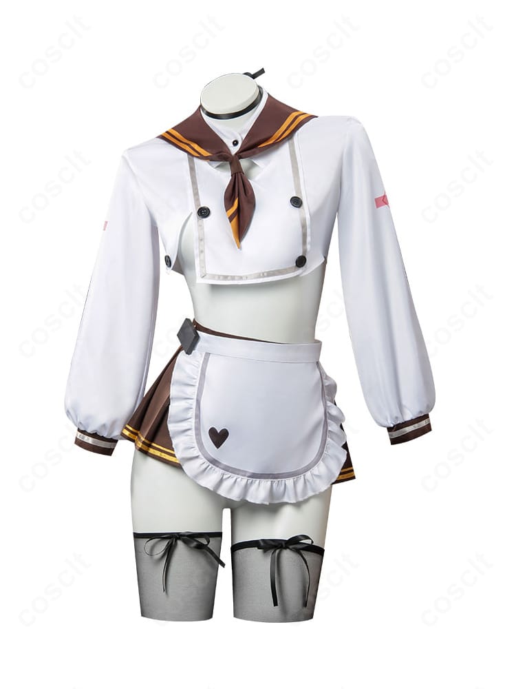 ブレッディ コスプレ衣装の正面全体。襟元の刺繍とエプロンのライン、シルエットが分かる構図。