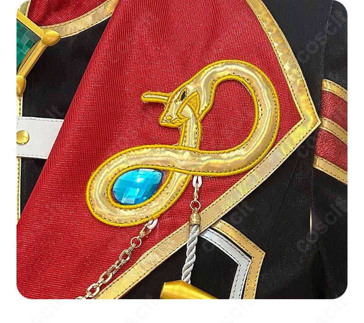 衣領装飾の詳細。刺繍パターンと配色、縁取りの仕立てを示す接写。