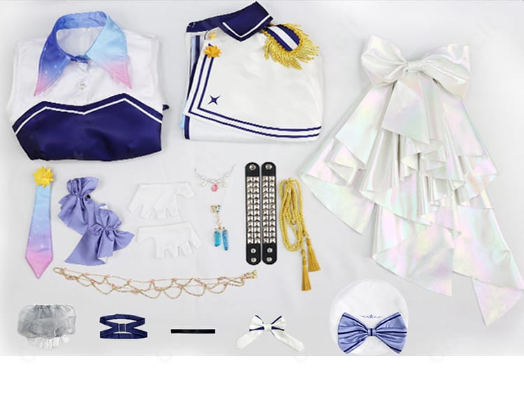 セット内容のフラットレイ。ワンピース、マント、蝶結び、ネクタイ、各種飾り・帽子・手袋まで揃ったフルセット。