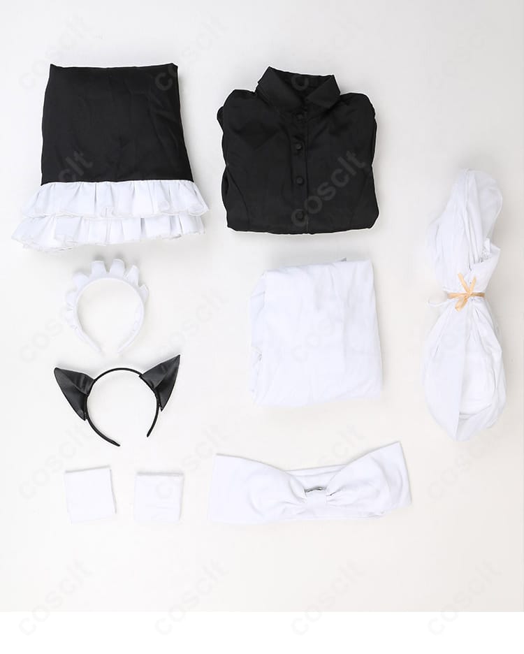 古見硝子 メイド服 コスプレ フルセット内容一式。トップス、スカート、エプロン、各種カチューシャ、靴下を並べた写真