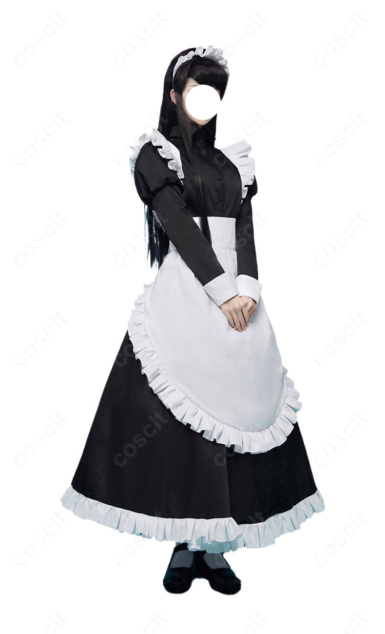 古見硝子 メイド服コスプレ 左側面。エプロンのラインと猫耳カチューシャのアクセントが見える構図