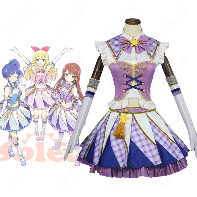 アイカツ！紫吹蘭のSoleilバージョン衣装一式を着用した全身イメージ。高再現の配色と上品なシルエットが伝わるコスプレ写真。