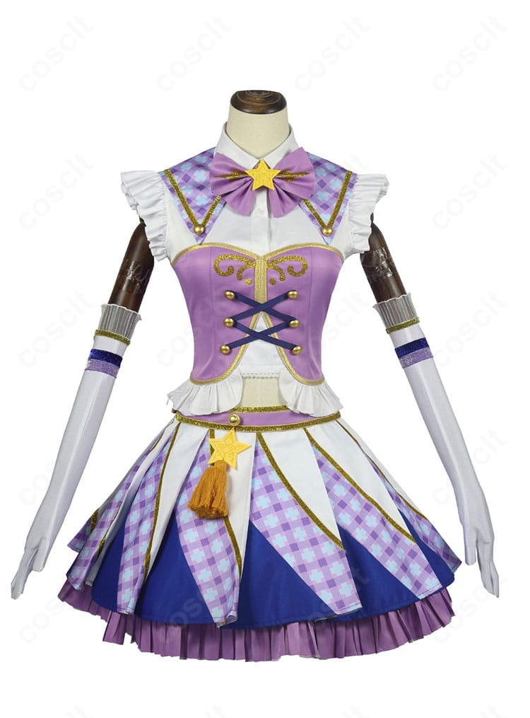 紫吹蘭 Soleilコスプレ衣装の正面全体。トップスとスカートのライン、スカーフ配置、手袋と靴下の組み合わせが分かる構図。