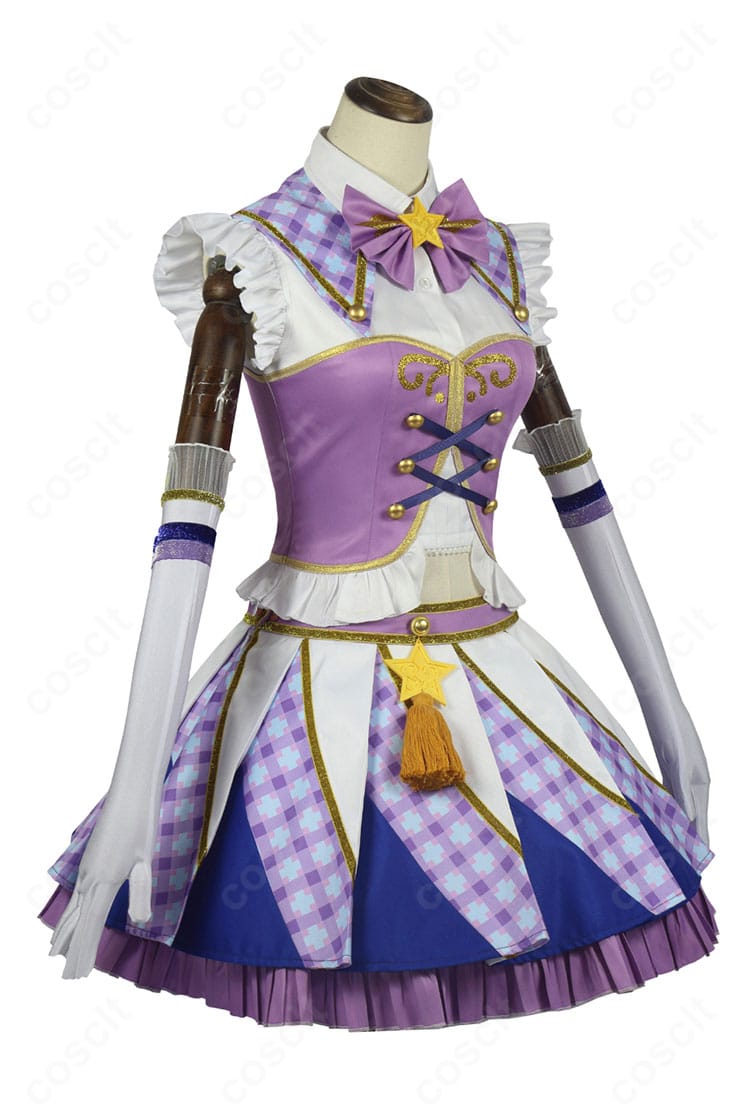 アイカツ！紫吹蘭 Soleil衣装の側面ディテール。ウエストラインとスカートの落ち感、装飾位置のバランスを確認できる写真。