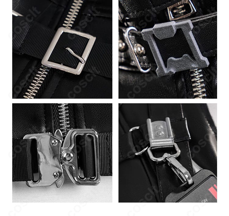 主人公「夜と共に」衣装の紐・腰ベルト詳細。全体の統一感を高めるストラップ構成。