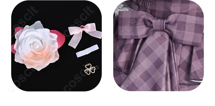 腰飾り・髪飾り・背面リボンのセット配置。全体のカラーコーディネートが伝わるカット。