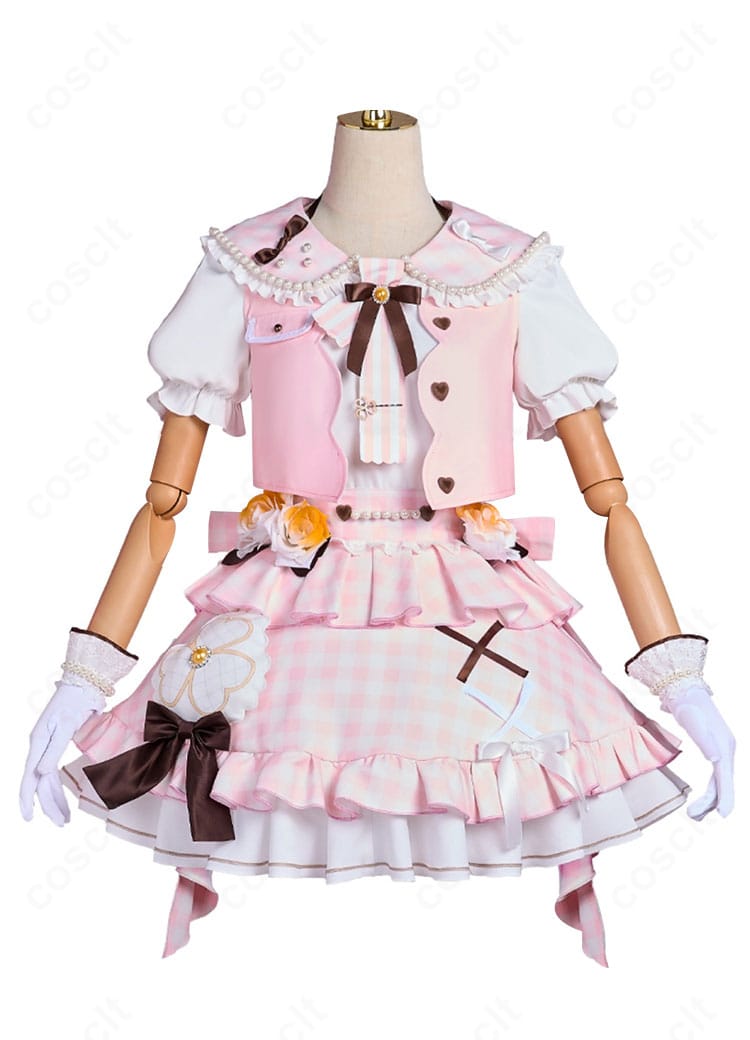 花里みのり 4周年MMJコスプレ衣装の正面全体。胸元の装飾と配色、シルエットを確認できる画像。