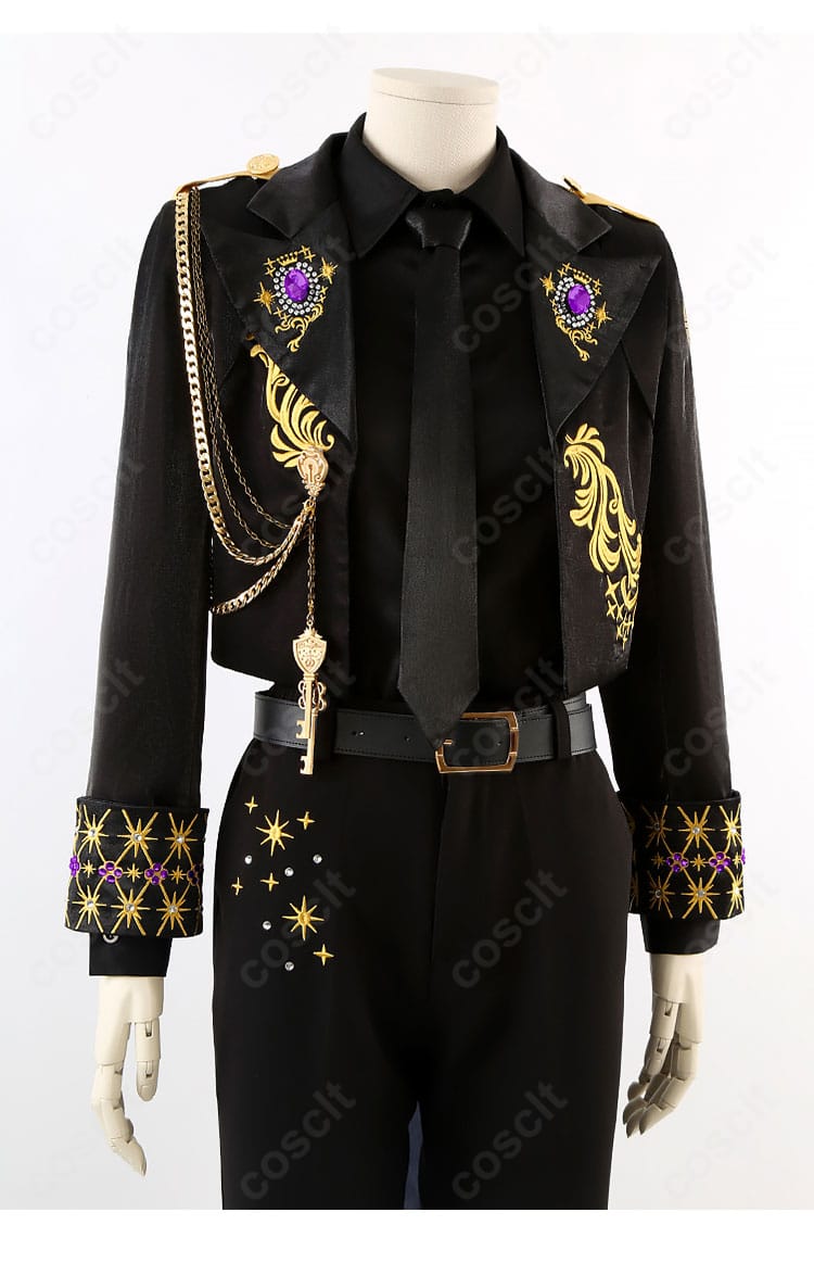 ツイステ 5周年記念衣装の襟元ディテール。シャツ襟とコートの重なり、刺繍風装飾の質感が映るアップ。