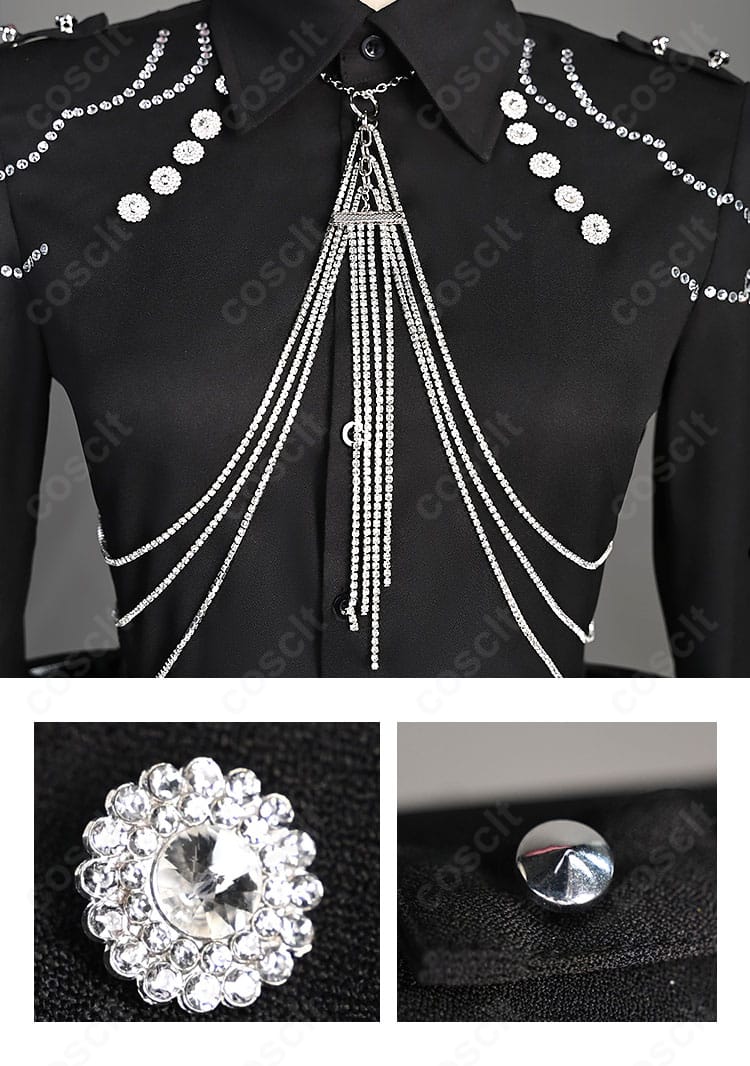 襟元と肩まわりの装飾ディテール。肩章と襟の縫製、金属調パーツの質感と配置をクローズアップ。