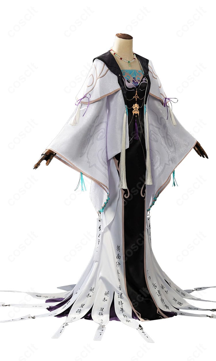 玉骨コスプレ衣装の側面ディテール。コートとワンピースのレイヤー、ウエストラインのフィット感を確認できる画像。