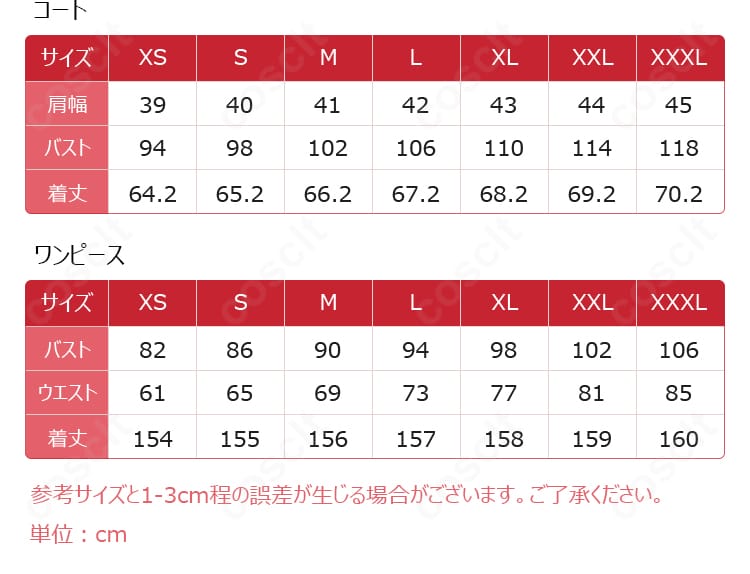 玉骨コスプレ衣装のサイズ表画像。S〜XXLの各寸法を示し、適切なサイズ選びの参考となる図。