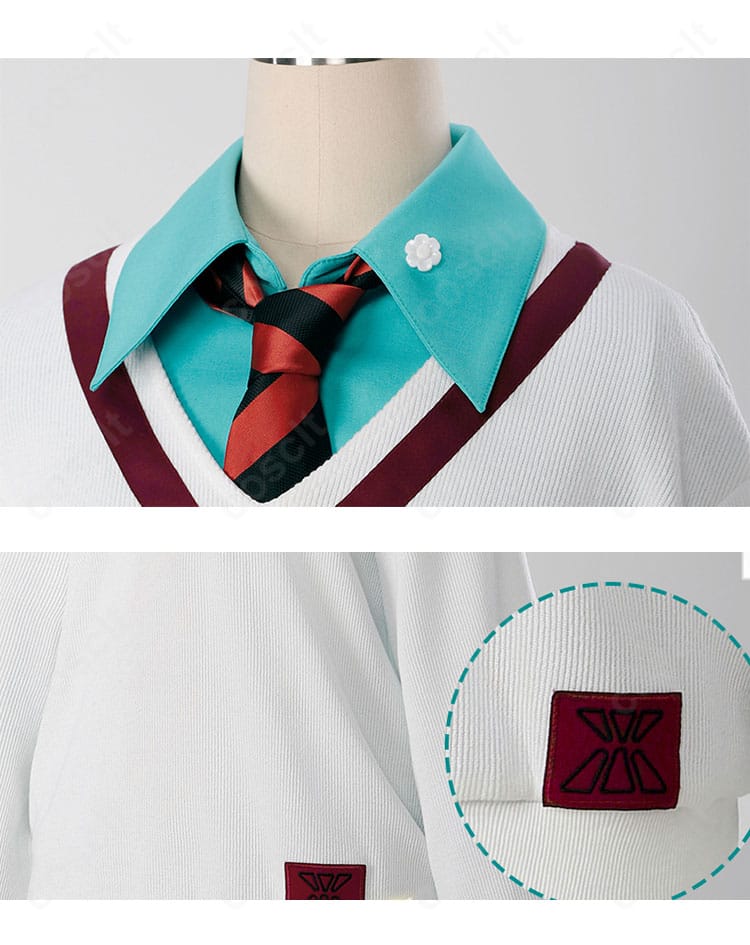 襟とネクタイ周りのクローズアップ。刺繍、襟の形状、ネクタイの質感が分かるディテール画像。