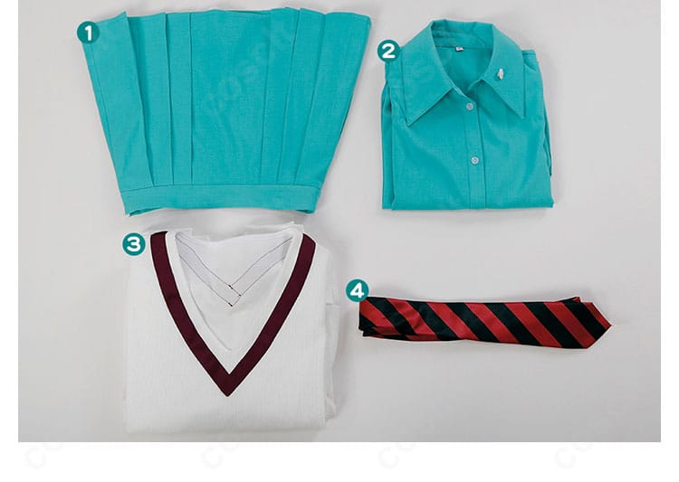 セット内容のフラット展示。トップス、シャツ、ミニスカート、ネクタイの4点が並ぶ構成確認画像。