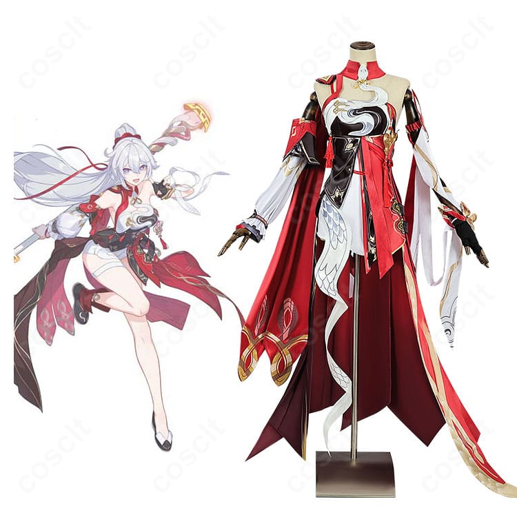 キアナ・カスラナ「ドン！烈火の願い星」衣装を全身で見せる合成イメージ。高再現の装飾と世界観を表現。