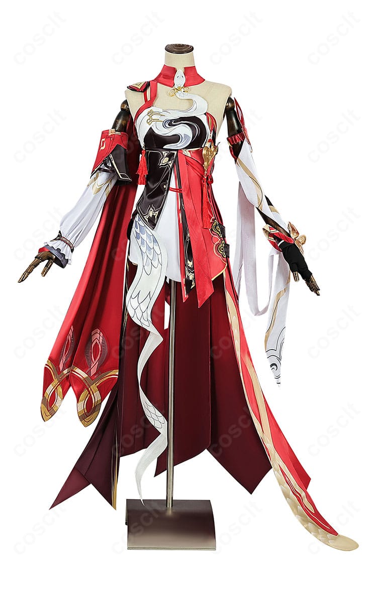 キアナ・カスラナ コスプレ衣装の正面全体。襟元や胸元の意匠、スカートのハリ感がわかる。