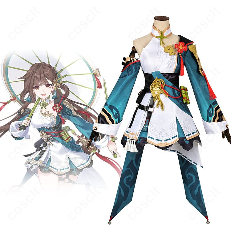 崩壊3rd 李素裳「風来義侠」を再現したコスプレ衣装一式とキャラクター比較。高忠実度の装飾とシルエットが分かるイメージ