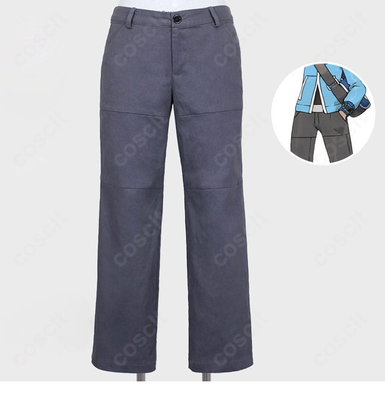 ズボンのディテール。ストレートなシルエットとステッチワークが見える。