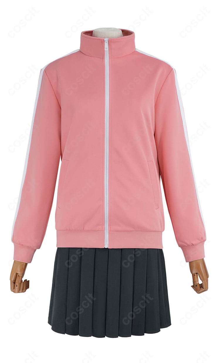 ジャージ上着のフロント装飾詳細。ファスナー、襟元、ステッチワークの仕上がりを示す画像。