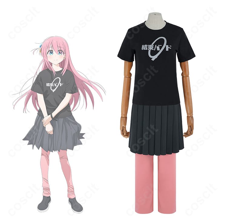 後藤ひとりのジャージ姿とライブTシャツ姿コスプレ一式を合わせた全身イメージ。セット内容と着用例が分かる構成。