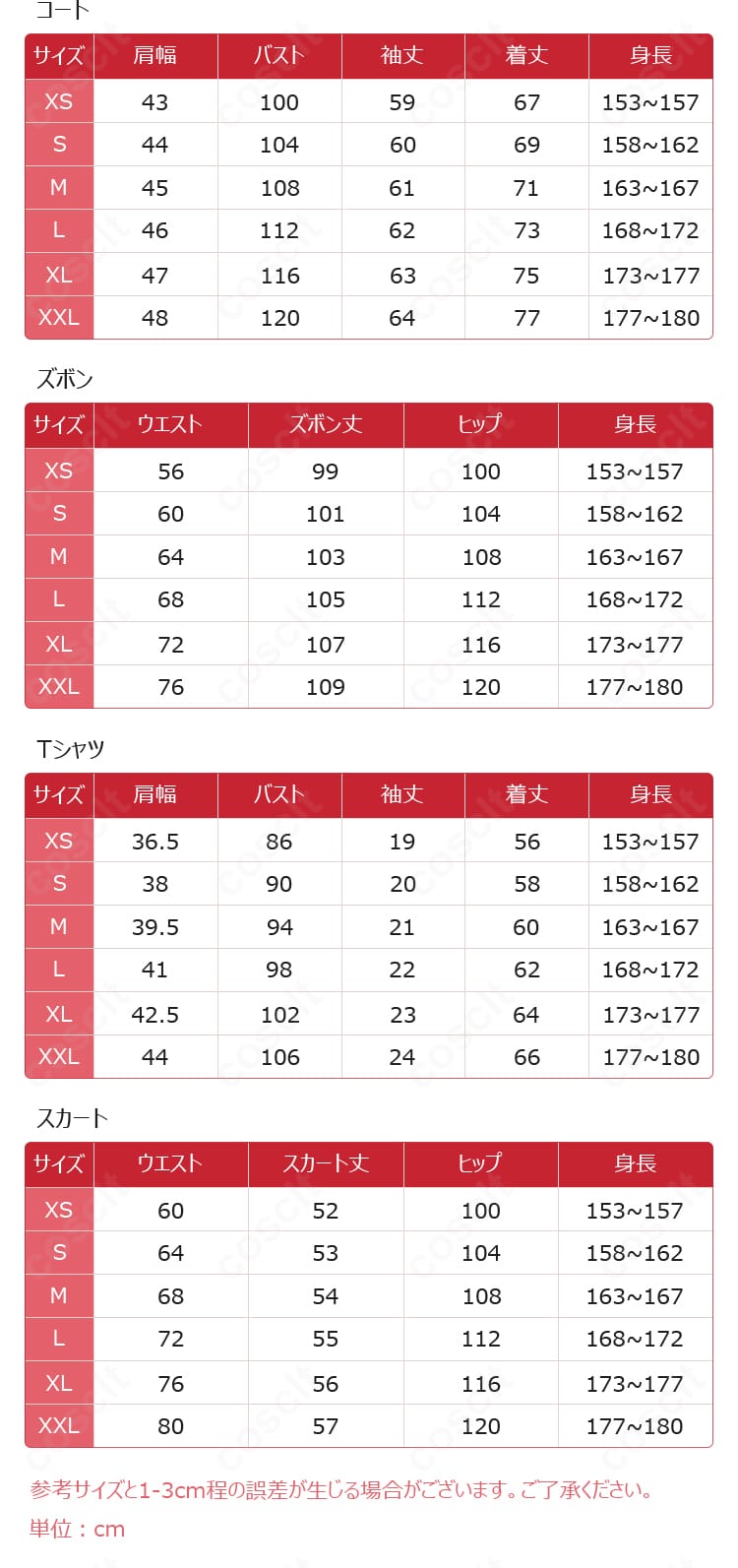 ジャージ姿コスプレのサイズ表と採寸ガイド。XS〜XXLの寸法とフィット感の目安を示す画像。