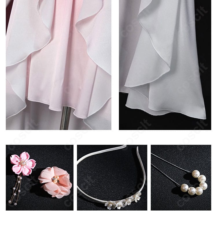 スカート装飾と髪飾りの近接。裾の意匠とヘアアクセのデザイン統一感を示す画像