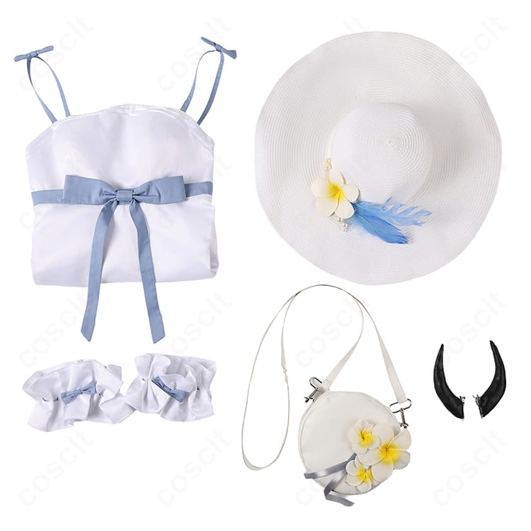 セット内容一覧：ワンピース、帽子、腕飾り、角（アクセサリー）、メッセンジャーバッグを配置した画像。