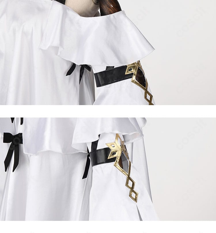 FGO メリュジーヌ 英霊夢装コスプレの肩と袖の装飾。パイピングやカッティングの精緻さを強調。