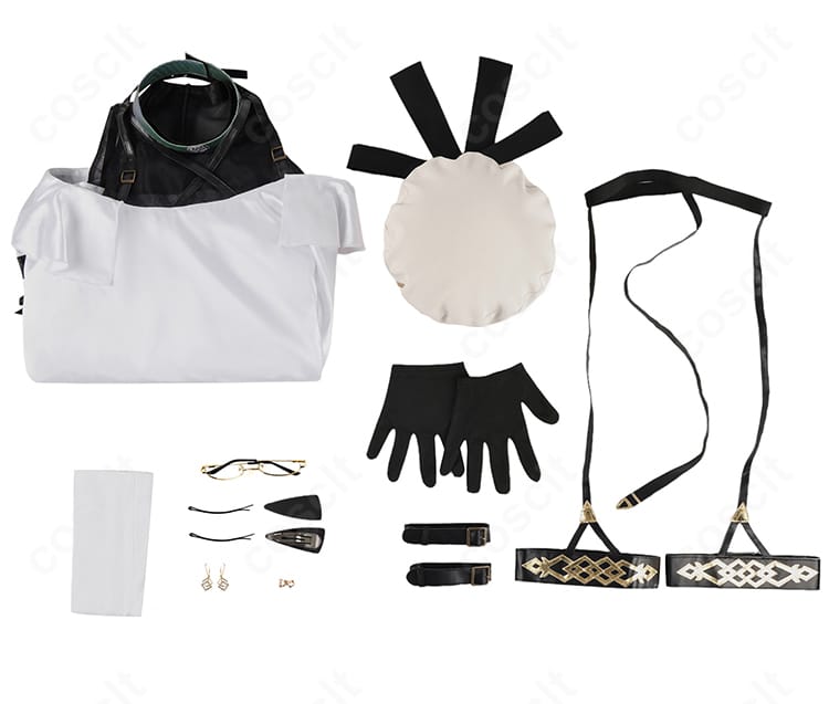 FGO メリュジーヌ 英霊夢装コスプレのセット内容一覧。ワンピース・帽子・手袋・靴下・腕飾り・髪飾り・メガネ・ガーターベルトを一枚で紹介。