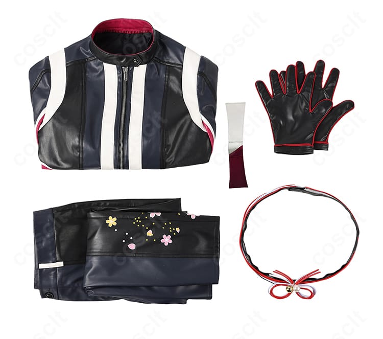 セット内容の平置き画像。トップス・ズボン・腰飾り・手袋の4点が揃うことが分かる構成。