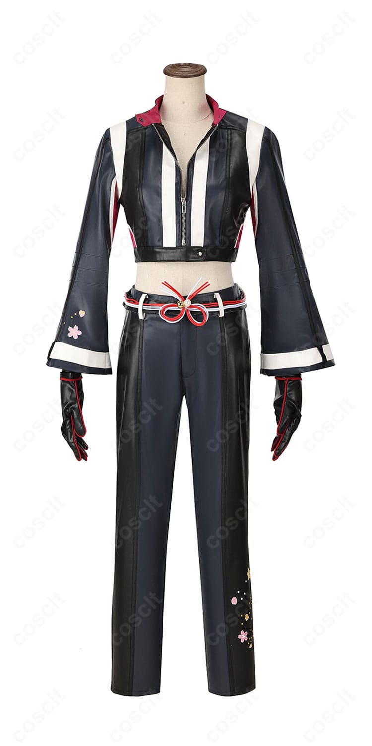 不知火 舞 コスプレ衣装の正面全体。赤基調のトップスとズボン、シルエットと素材感が分かる画像。