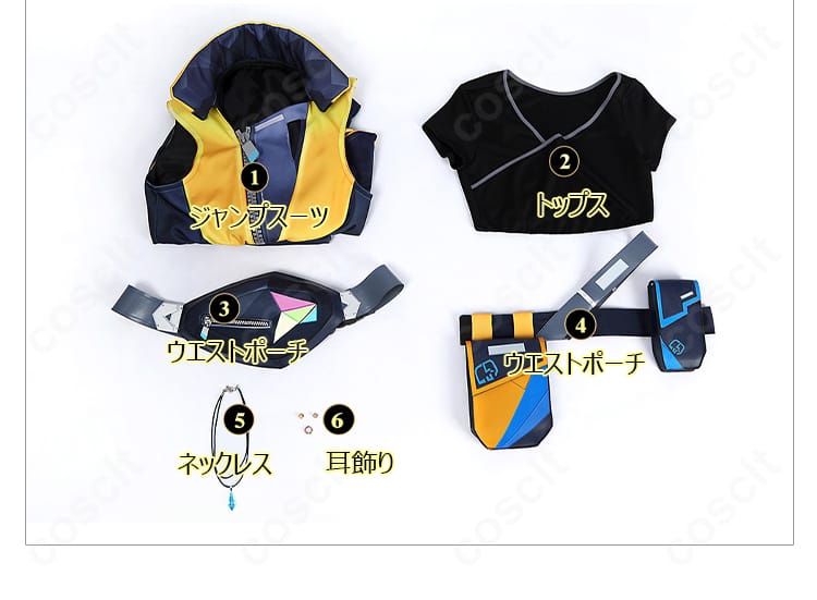 ウェイレイ衣装一式のセット内容。ジャンプスーツ、トップス、ポーチ、ベルト、ネックレス、耳飾りを並べた画像。