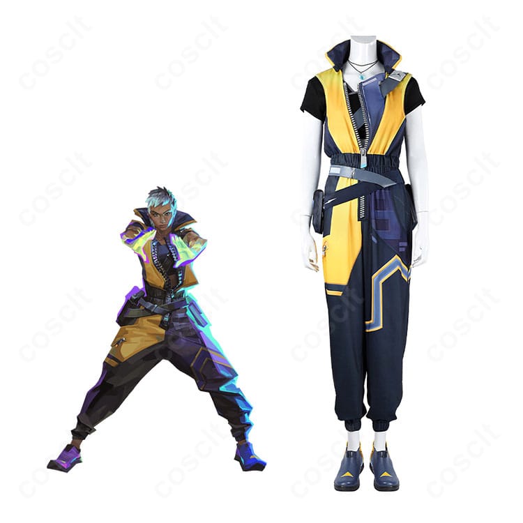 ウェイレイの公式ビジュアル風と衣装を並置した全身画像。ジャンプスーツとアクセでVALORANTの世界観を再現。