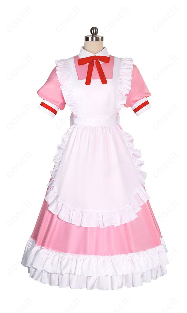 鹿目まどか メイド服コスプレ衣装の正面全体。エプロンとリボンの配置がわかる