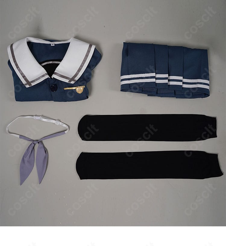 若葉睦 月ノ森女子学園 制服コスプレのセット内容展示。トップス・スカート・スカーフ・靴下の4点を並べた構成。