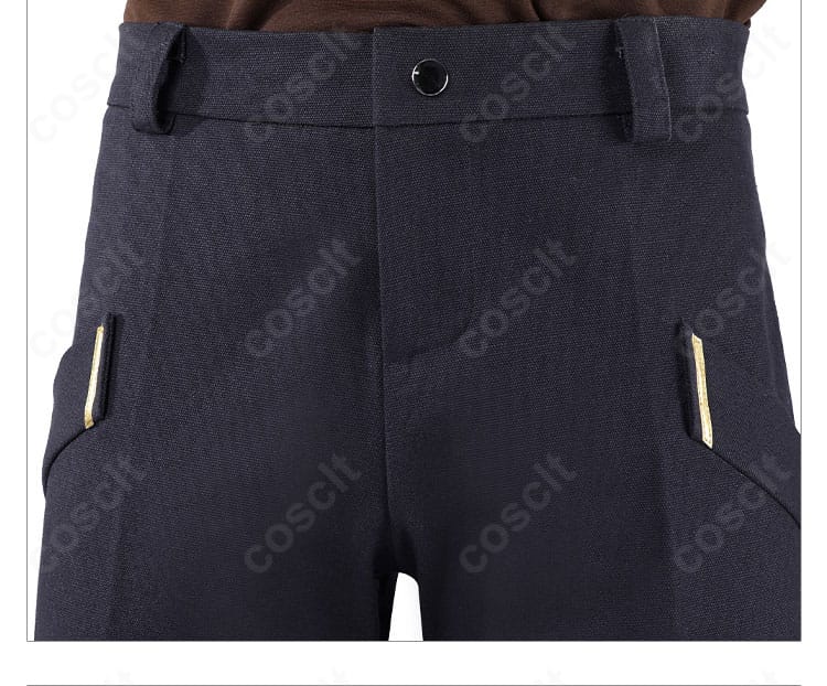 テホ衣装ズボンのウエスト周りディテール。ベルトループと前立ての仕上がり。