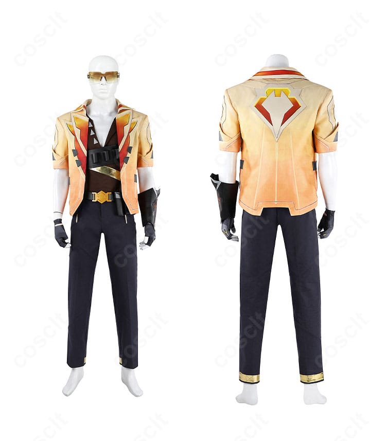 VALORANT テホ衣装の正面・背面を比較表示。コートのシルエットと装飾配置、全体バランスが確認できます。