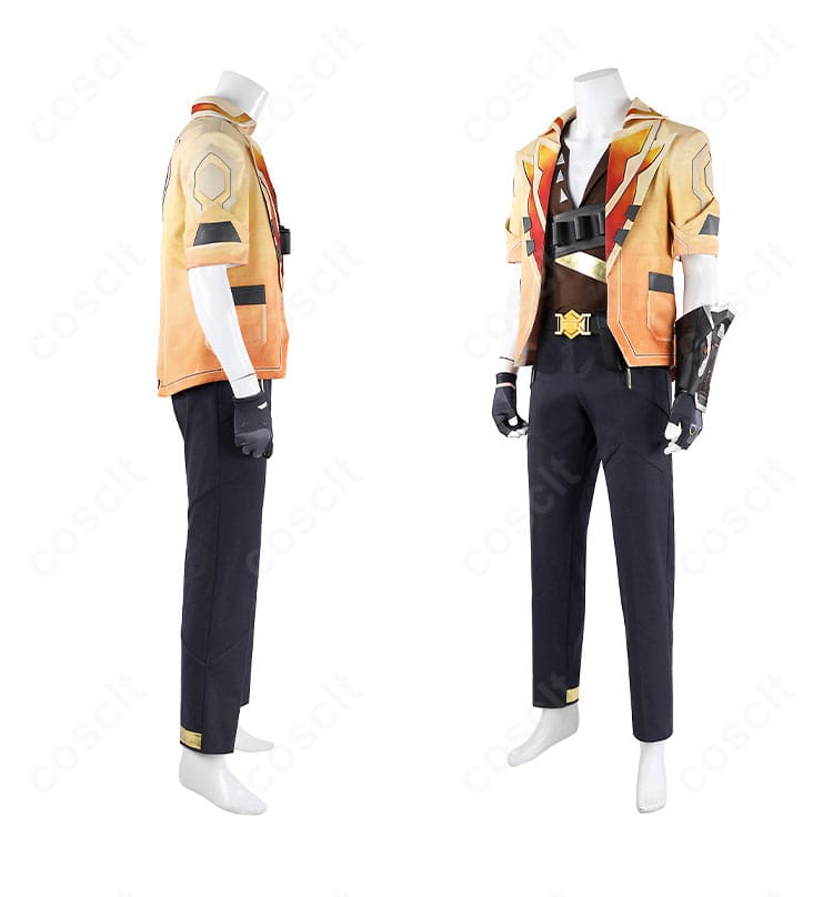 VALORANT テホ衣装のサイドビュー。コートの落ち感とベルト位置、袖のラインが分かる横構図。