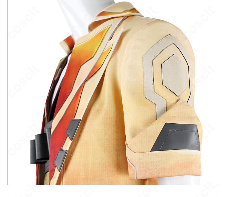 テホ衣装の肩・袖ディテール。肩帯の取り回しと袖の切替ラインを強調した近接画像。