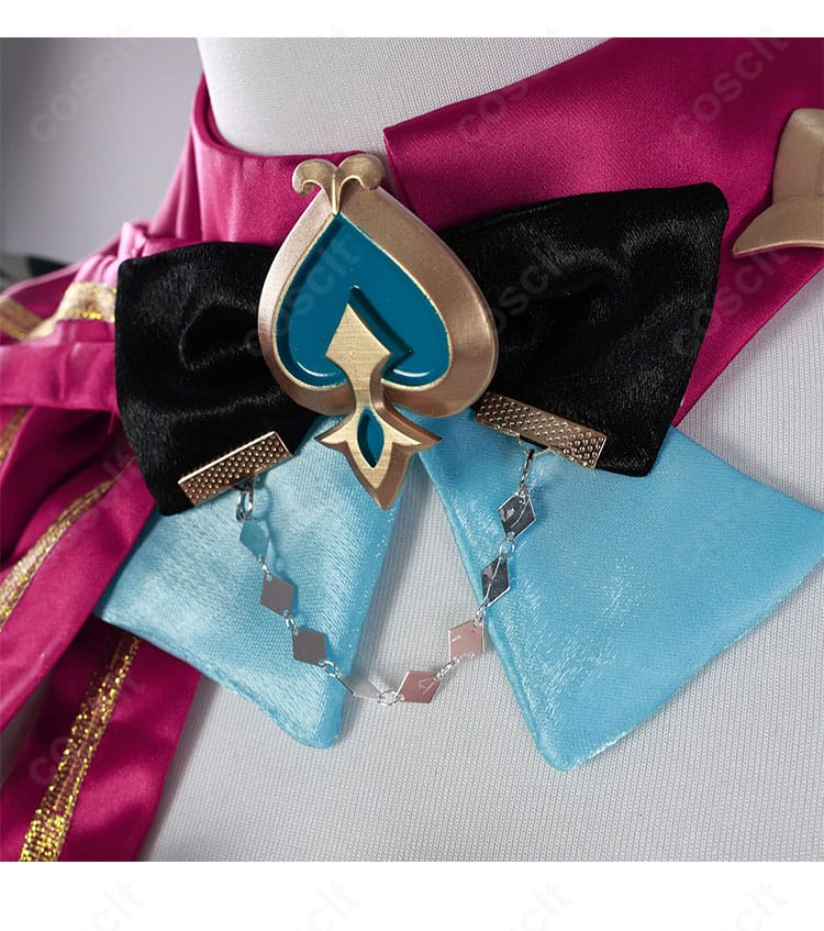 原神 エスコフィエ衣装のネクタイ装飾ディテール。結び目の形状と縁取りの配色、質感がわかる接写。