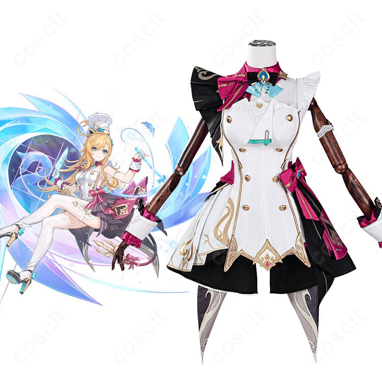 原神 エスコフィエのコスプレ衣装一式とキャラクタービジュアルを並置した再現画像。全体のシルエットと配色が忠実に表現されたカット。