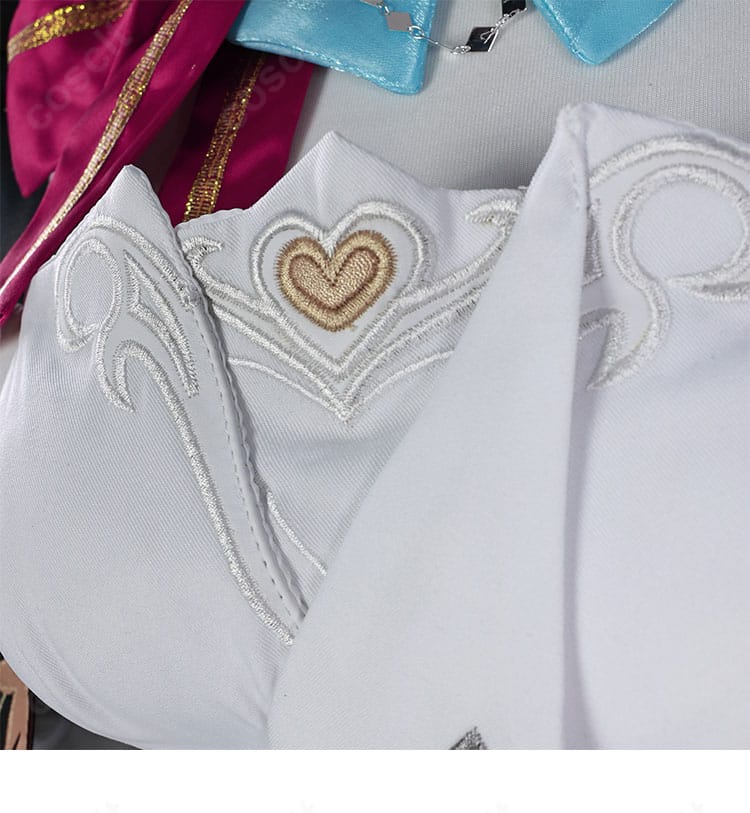 原神 エスコフィエ衣装の領口ディテール。襟周りのカーブと装飾の重なり、素材の艶感が伝わるカット。