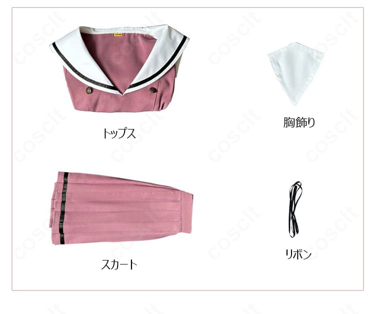 セット内容一覧。トップス・スカート・リボン・胸飾りの4点が整然と並ぶ構成写真。