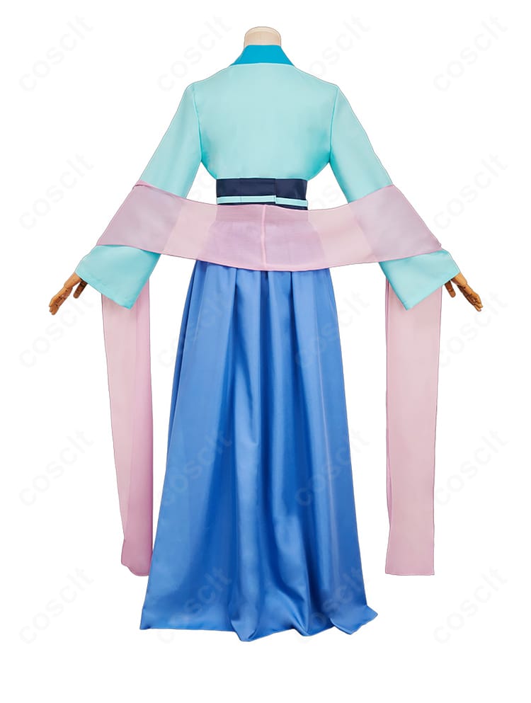 薬屋のひとりごと 猫猫 第2期コスプレ衣装の背面。背中の閉じ仕様とドレープの流れが分かる写真。