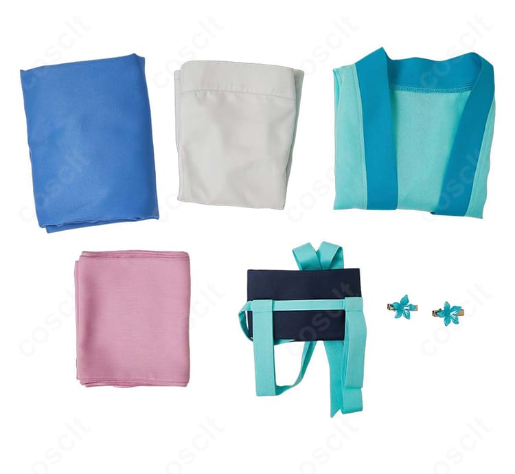 薬屋のひとりごと 猫猫 第2期コスプレ衣装のセット内容一式。トップス、スカート、ショール、コルセット、インナー、髪飾りを平置きで表示。