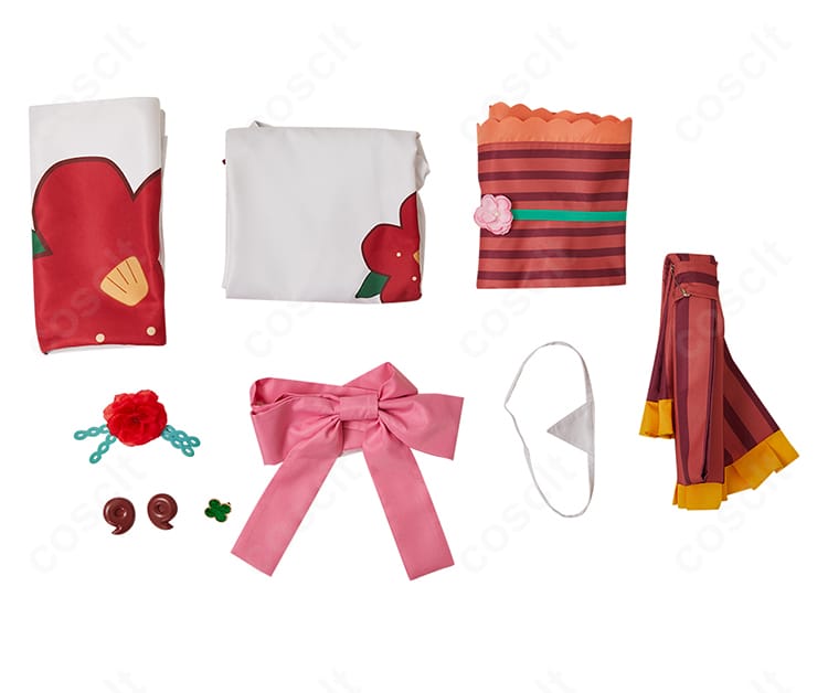 地縛少年花子くん 八尋寧々 浴衣コスプレ セット内容一式。トップス・スカート・コルセットベルト・腰蝶結び・髪飾りのレイアウト